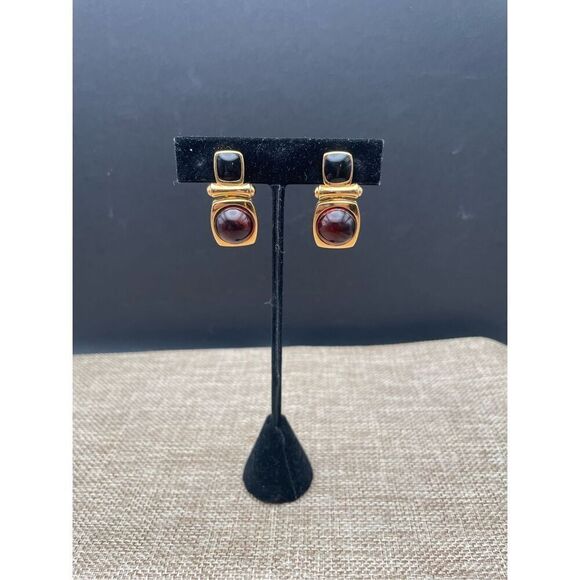 Joan Rivers Vintage Cabochon Stud Earrings Faux Amber Gold Black Enamel Signed - Picture 2 of 5